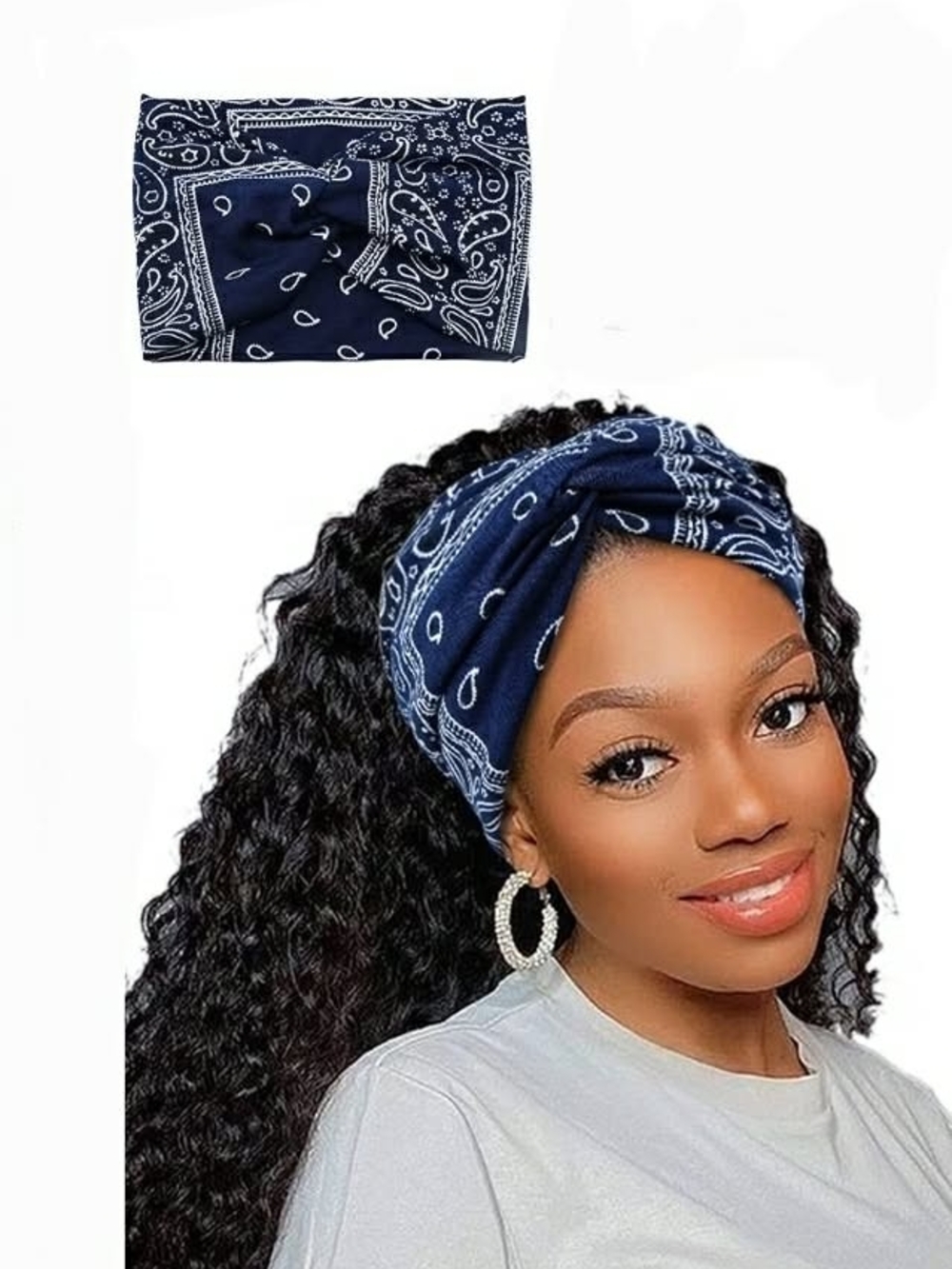 Extra Wide Navy Blue Bandana Print Twisted Headband - Women's Hair Accessories